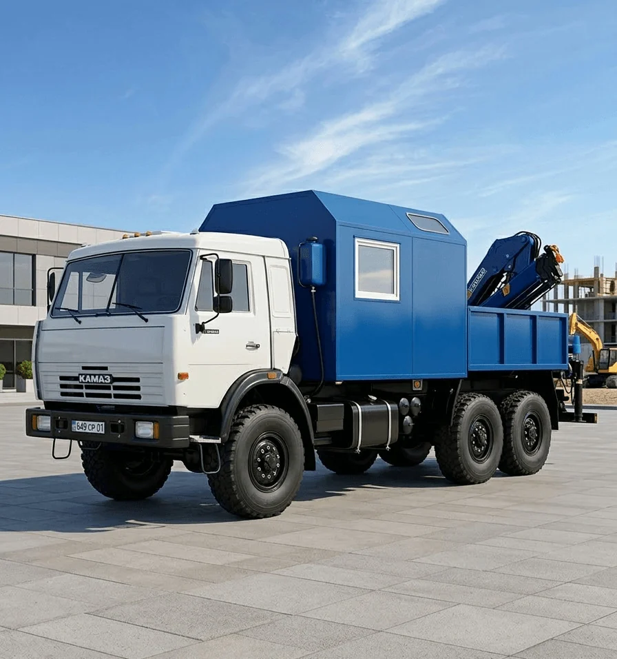 Тяжёлая спецтехника на геологоразведочном объекте — подготовленные КамАЗы и краны-манипуляторы Stellar